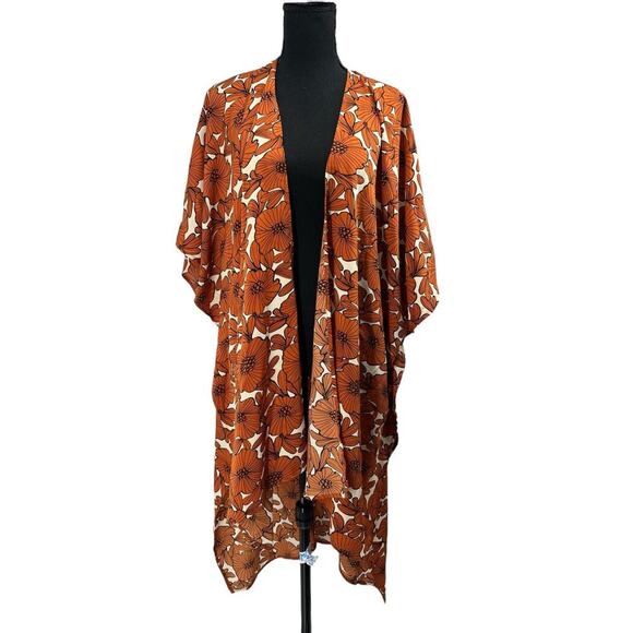 AaKaa Orange Floral Open Front Cardigan Kimono High Low Women's One Size NEW!!! - Picture 5 of 7